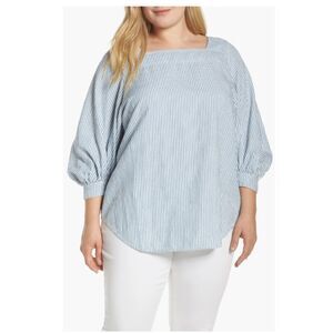 Lucky Brand Womens‎ Linen Blend Top 3X Blue Stripe Nautical 3/4 Sleeve Coastal